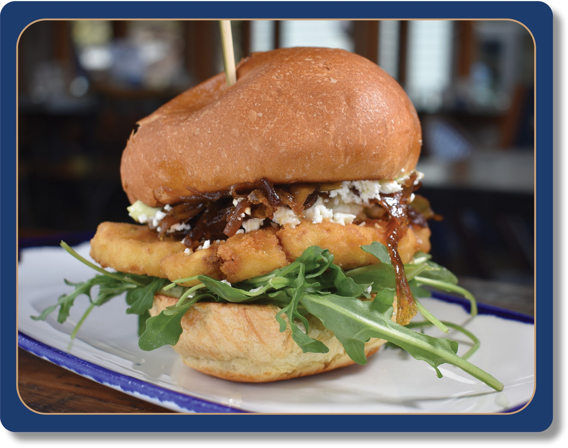 Crunchy Cauliflower Burger: Cauliflower Steak Topped With Feta, Arugula, Caramelized Onion Jam, Pesto Aioli