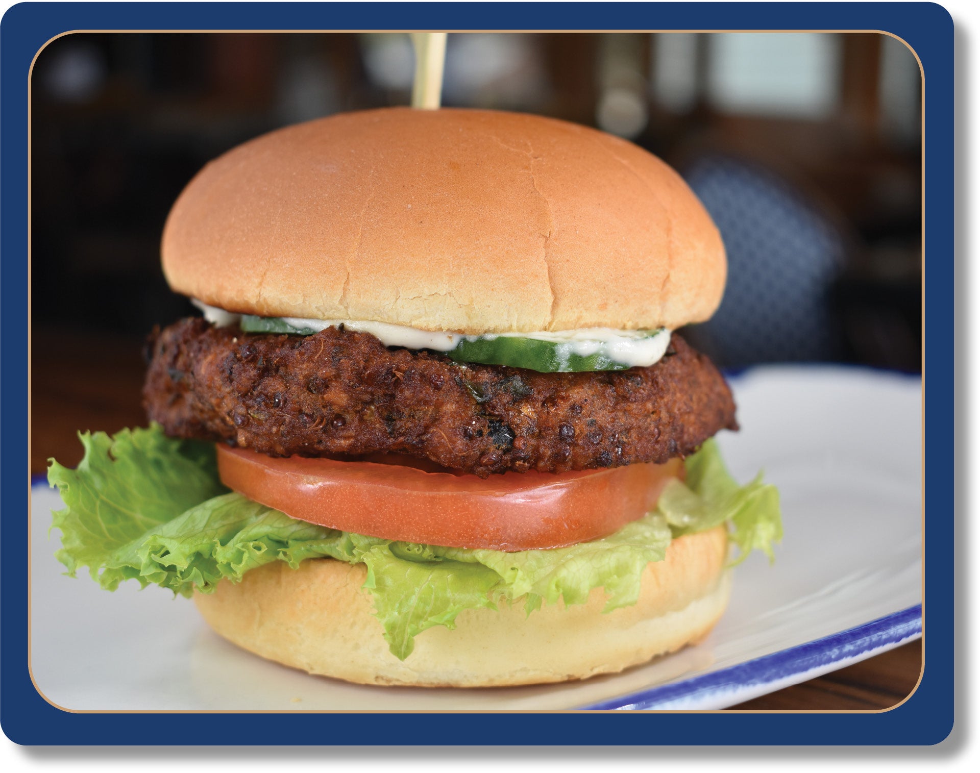   Vegan Sweet Potato Burger: Sweet Potato, Quinoa, and Black Bean Patty, Cashew Onion Spread, Butter Lettuce, Tomato, Cucumber